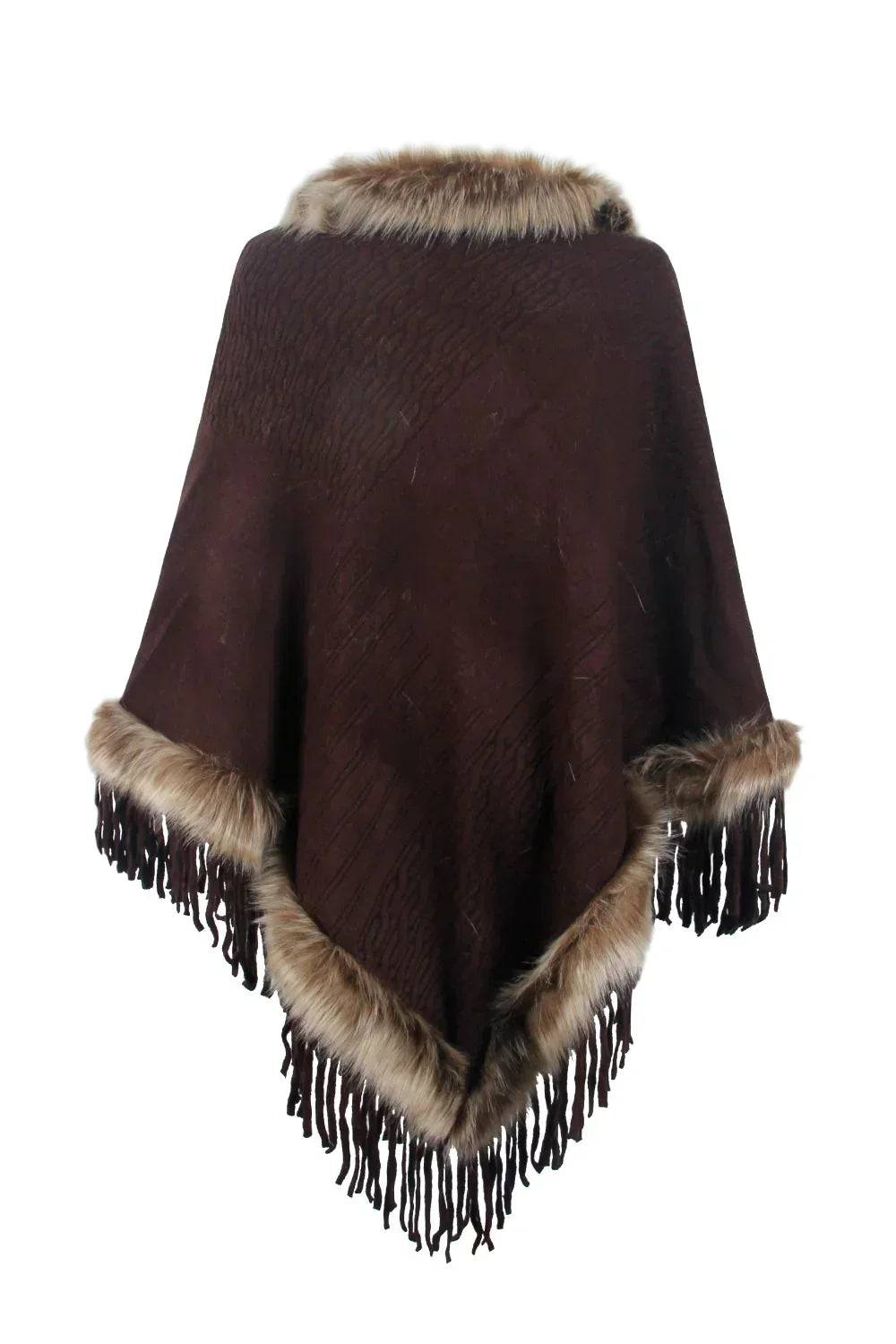 Brauner Poncho mit Kunstfellbesatz und Fransen, Damenmode, Winterbekleidung, elegant und warm.