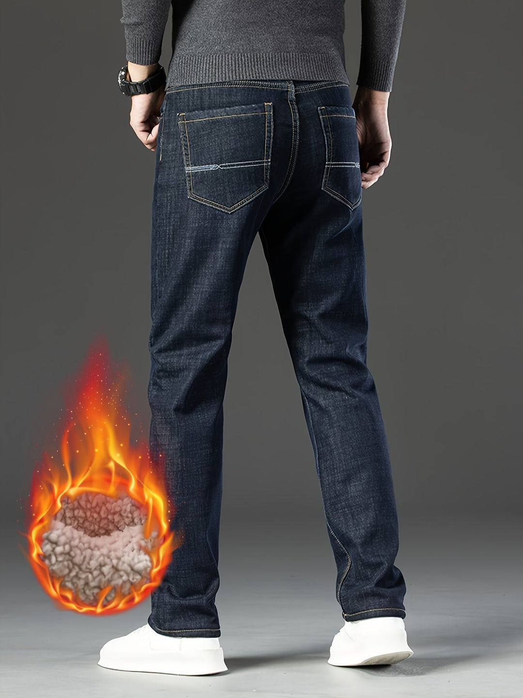 Herren Thermojeans, dunkelblau, gefüttert, warm, Wintermode, Rückansicht, Flammenmotiv.