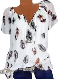 Damenbluse mit Federprint, weiß, kurzärmelig, lässig, Sommermode, Baumwolle.