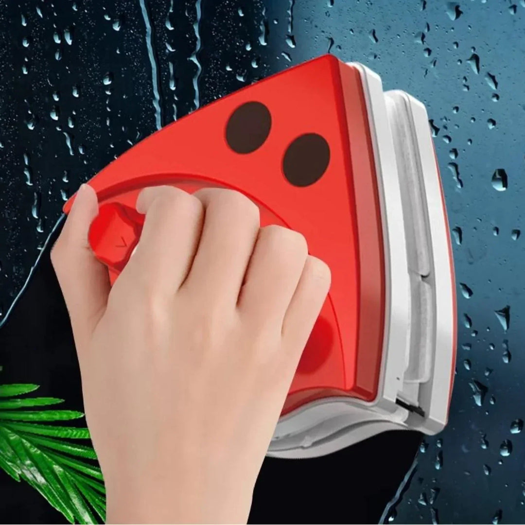 Roter magnetischer Fensterreiniger, ergonomisch, für Glasreinigung, EasyClean, effizient.