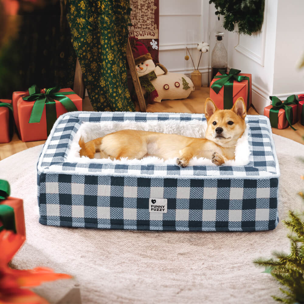 Hundebett blau kariert, gemütlich, beruhigend, Anti-Angst, XL, Wohnzimmer, Weihnachtsdeko.