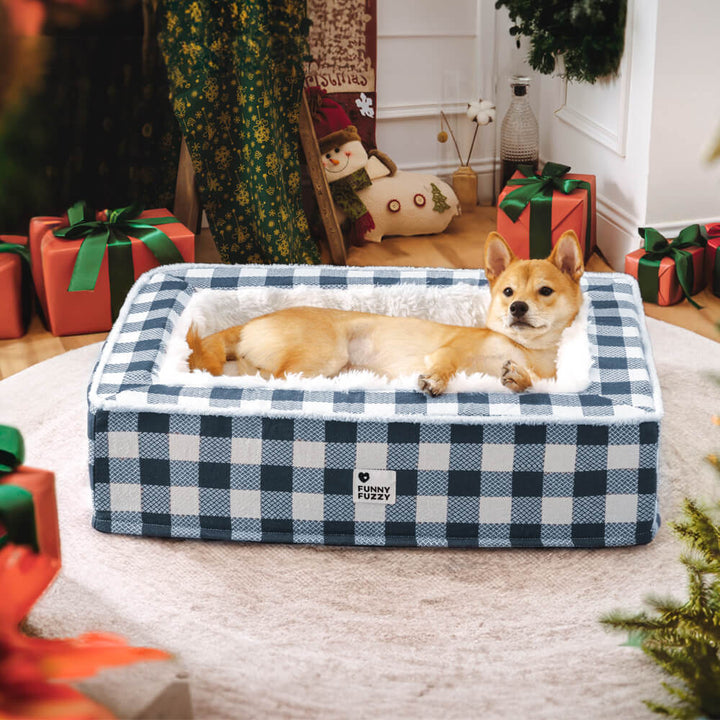 Hundebett blau kariert, gemütlich, beruhigend, Anti-Angst, XL, Wohnzimmer, Weihnachtsdeko.