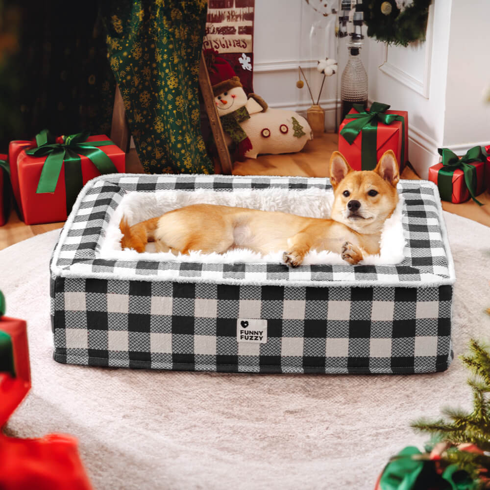 Hundebett kariert schwarz-weiß, gemütlich, beruhigend, Anti-Angst, XL, Weihnachten, Wohnzimmer.