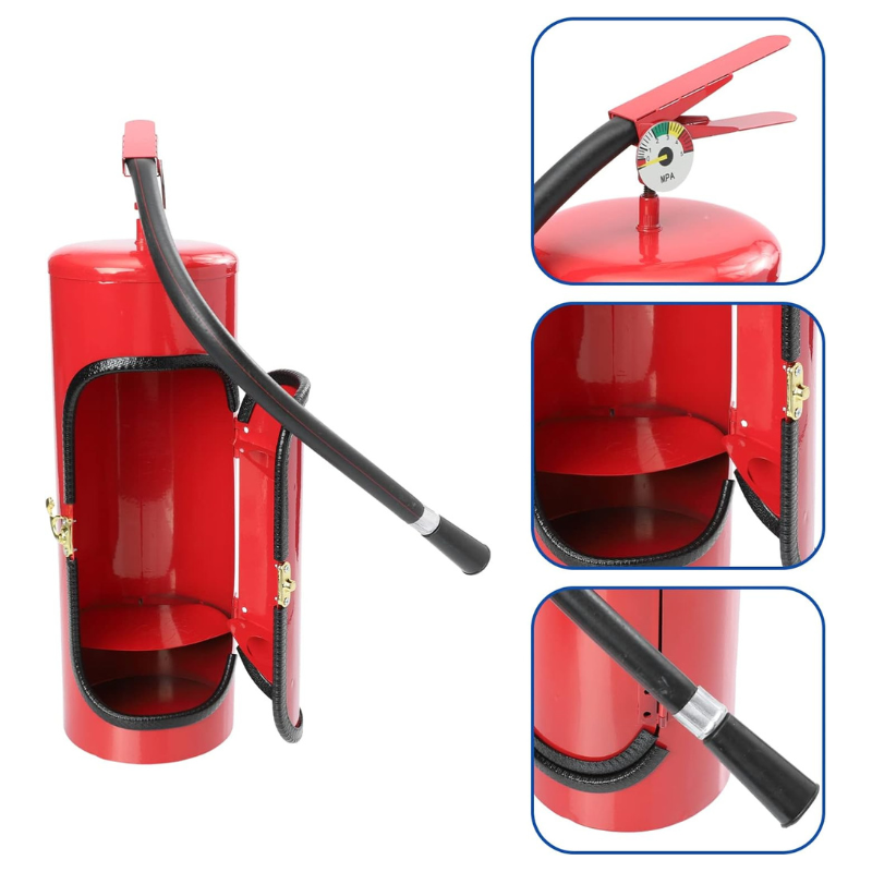 Roter Feuerlöscher mit Schlauch, geöffnet, Metall, Sicherheitsausrüstung, Brandschutz.