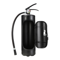 Schwarzer Feuerlöscher mit offenem Gehäuse, Schlauch und Manometer, Brandschutzgerät.