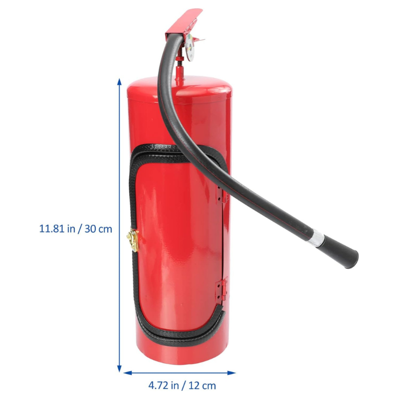Roter Feuerlöscher mit Schlauch, 30 cm hoch, 12 cm breit, Sicherheitsausrüstung.