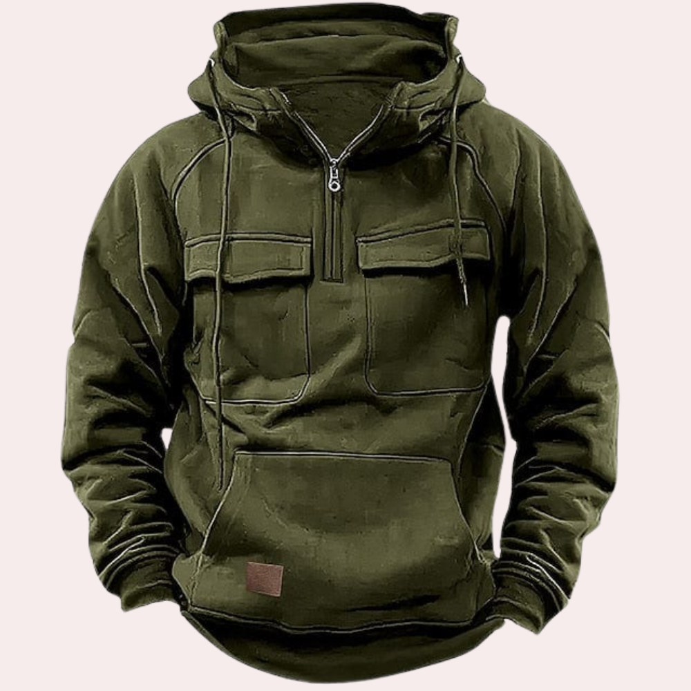 Dunkelgrüner Hoodie mit Reißverschluss, Kängurutasche, Kapuze, Herrenmode, Baumwolle.