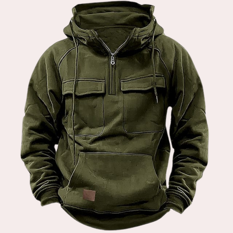 Dunkelgrüner Hoodie mit Reißverschluss, Kängurutasche, Kapuze, Herrenmode, Baumwolle.