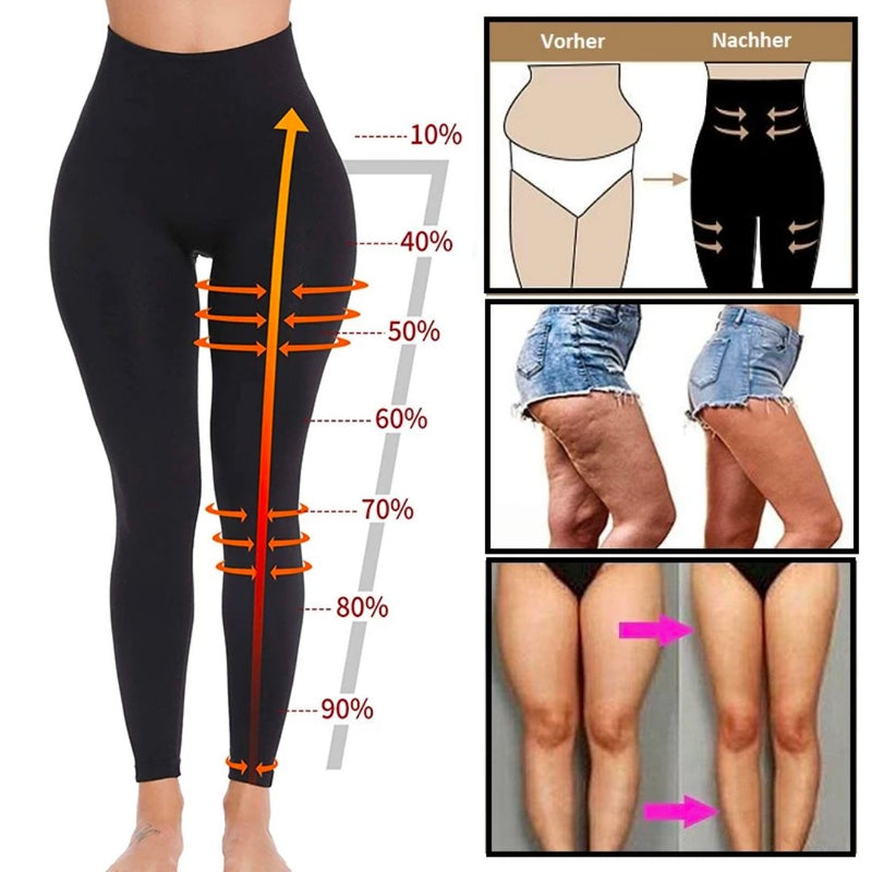 Schwarze figurbetonende Leggings, Kompressionsdesign, Vorher-Nachher-Vergleich, Damenmode.