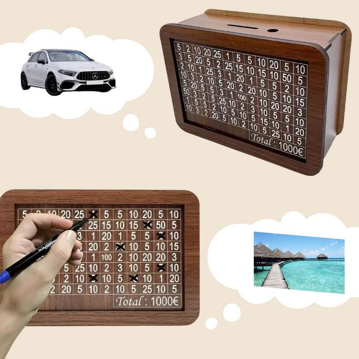 Sparbox aus Holz mit Zahlengitter, 1000€ Ziel, Auto- und Urlaubsbilder, Finanzplanung.