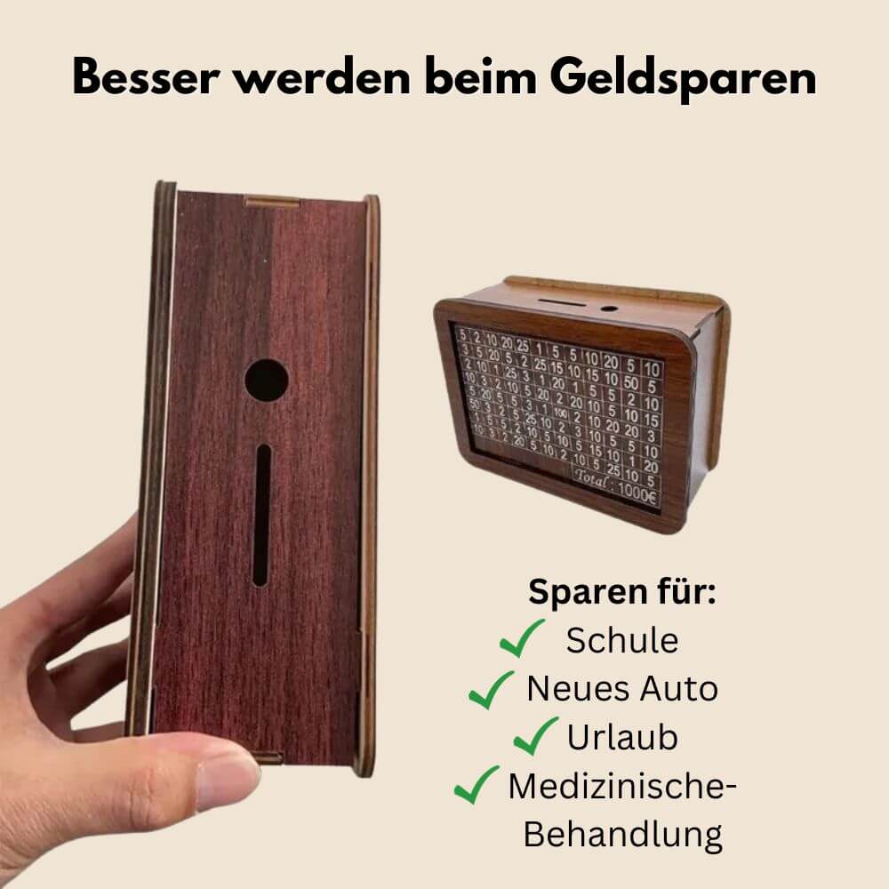 Sparbox aus Holz mit Kalender, ideal zum Geldsparen für Schule, Auto, Urlaub, Medizin.