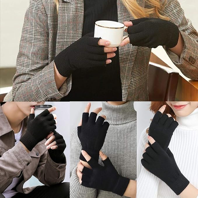 Schwarze fingerlose Handschuhe aus Wolle, ideal für Herbst und Winter, modisch und warm.
