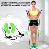 Frau mit Fitnessgerät, grüner Balance-Board, Widerstandsseil, Heimtraining, Stabilität verbessern.