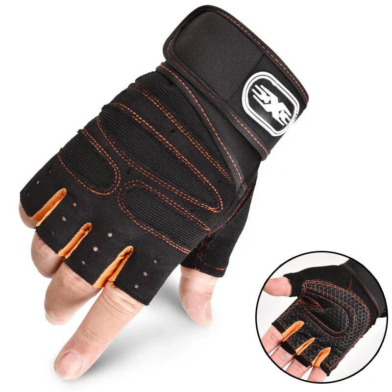 Schwarzer Fitness-Handschuh, fingerlos, mit orangefarbenen Nähten, für Krafttraining.