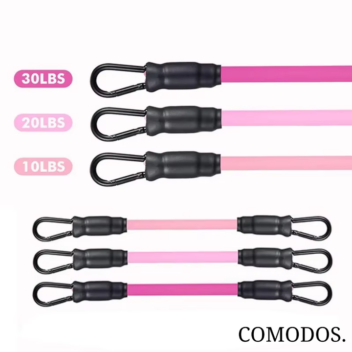Drei rosa Fitness-Widerstandsbänder mit Karabiner, 10-30 lbs, für Krafttraining.