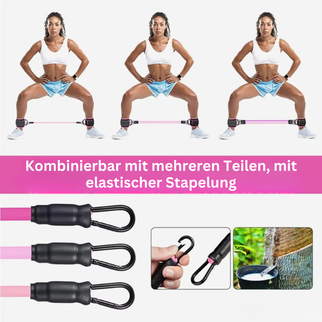 Frau trainiert mit elastischem Fitnessband, Widerstandsband, Sport, Heimtraining, rosa.