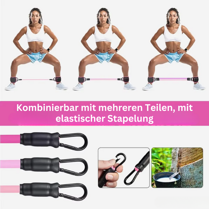 Frau trainiert mit elastischem Fitnessband, Widerstandsband, Sport, Heimtraining, rosa.