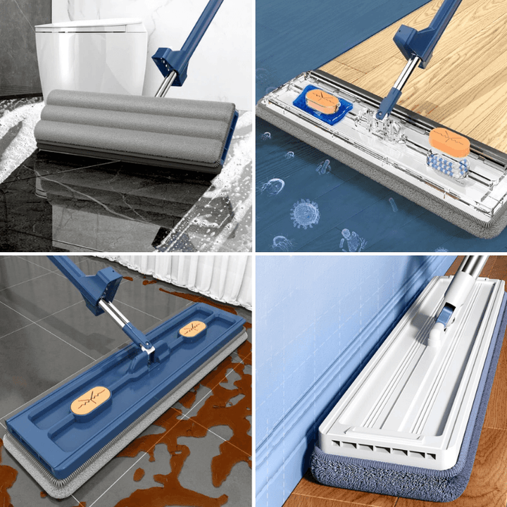 Flachmop mit 360°-Drehung, blau, für effiziente Bodenreinigung, ideal für Fliesen und Laminat.