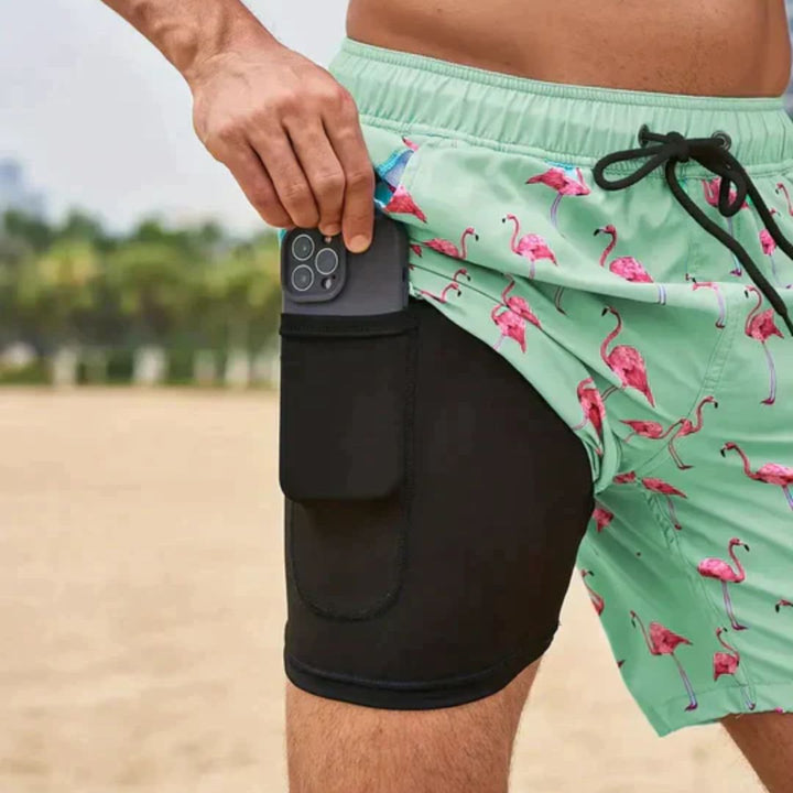 Grüne Badeshorts mit Flamingo-Print, schwarze Tasche, Smartphone, Strandhintergrund.