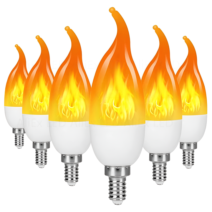 Sechs LED-Flammenlampen, E14-Sockel, warmweiß, energiesparend, dekorativ, Flammenoptik.