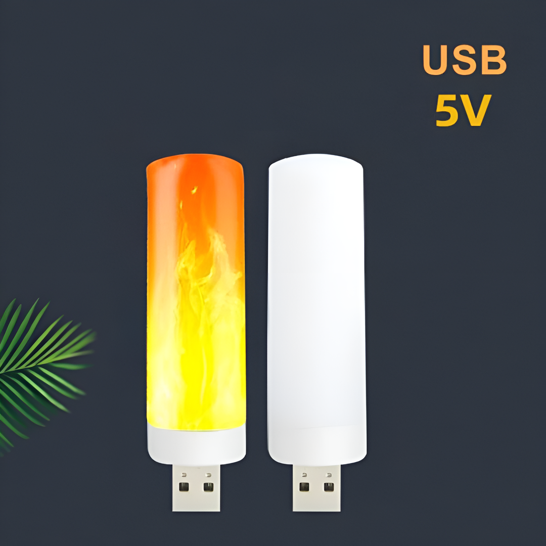 Zwei USB-LED-Lampen, Flammen- und Weißlicht, 5V, auf dunklem Hintergrund.