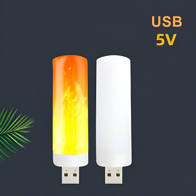 Zwei USB-LED-Lampen, Flammen- und Weißlicht, 5V, auf dunklem Hintergrund.