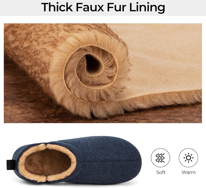 Dunkelblaue Hausschuhe mit dicker Kunstfellfütterung, warm und weich, ideal für den Winter.