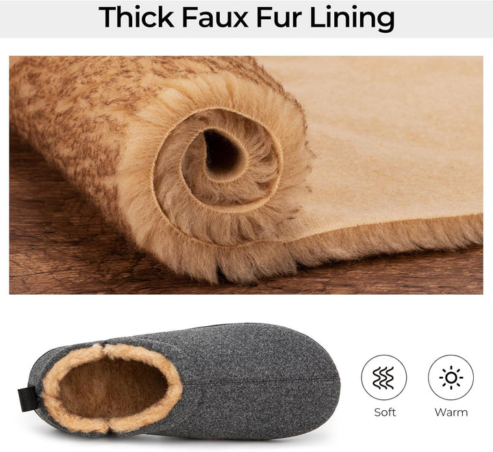 Graue Hausschuhe mit dicker Kunstfellfütterung, warm und weich, ideal für den Winter.