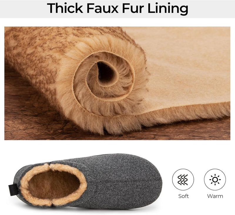 Graue Hausschuhe mit dicker Kunstfellfütterung, warm und weich, ideal für den Winter.