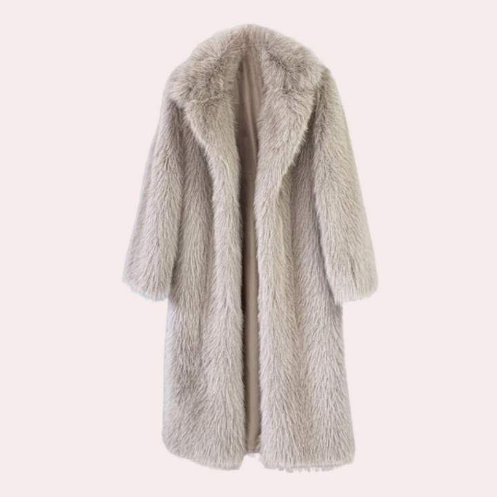 Damen Wintermantel Kunstpelz beige, lang, flauschig, modisch, warm, eleganter Look.