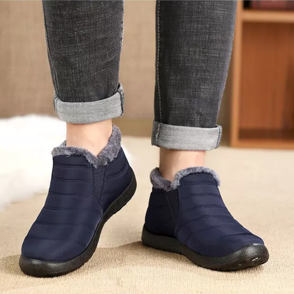 Dunkelblaue Fleece-Stiefeletten für Damen, warm gefüttert, rutschfeste Sohle, Wintermode.