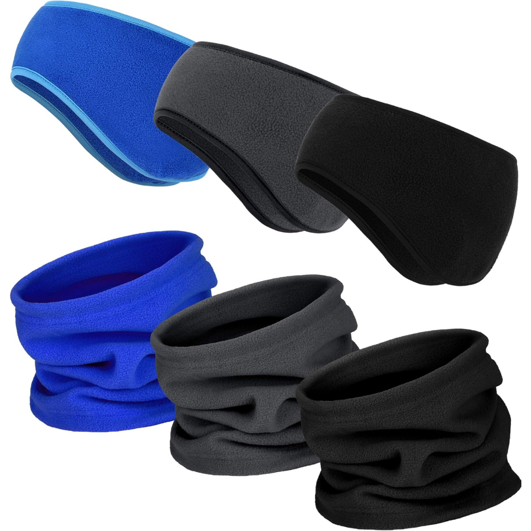 Fleece Stirnband und Halswärmer Set, blau und schwarz, Winterzubehör, Unisex.