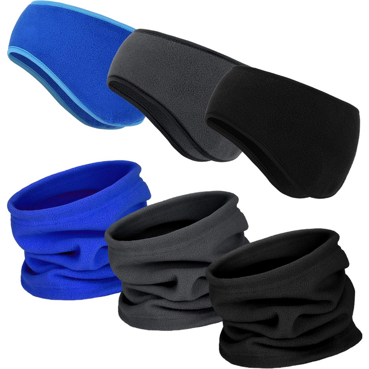Fleece Stirnband und Halswärmer Set, blau und schwarz, Winterzubehör, Unisex.