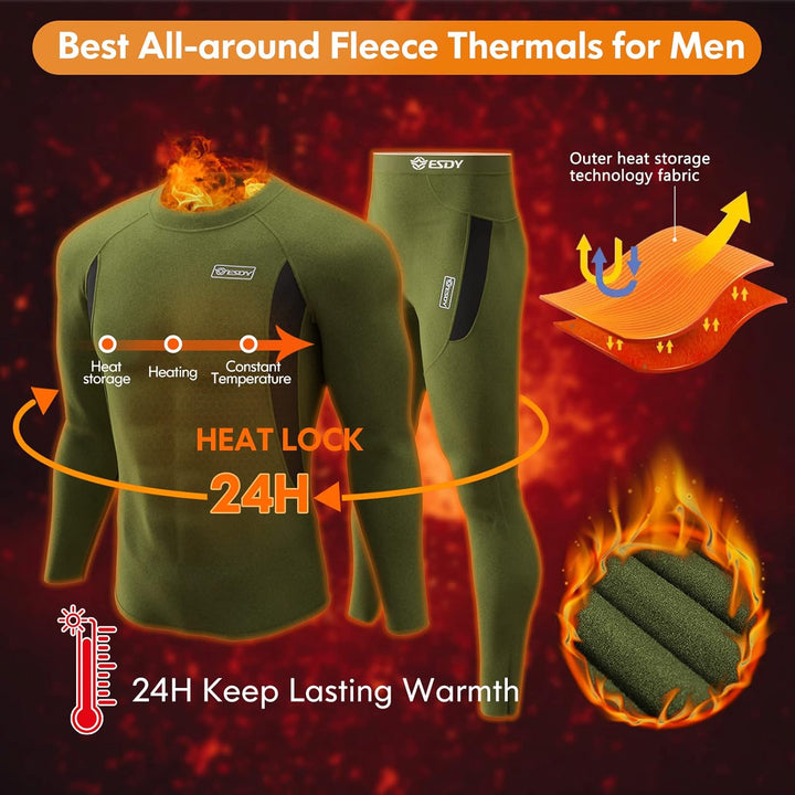 Grünes Herren-Fleece-Thermo-Set, wärmespeichernd, langärmelig, ideal für kaltes Wetter.