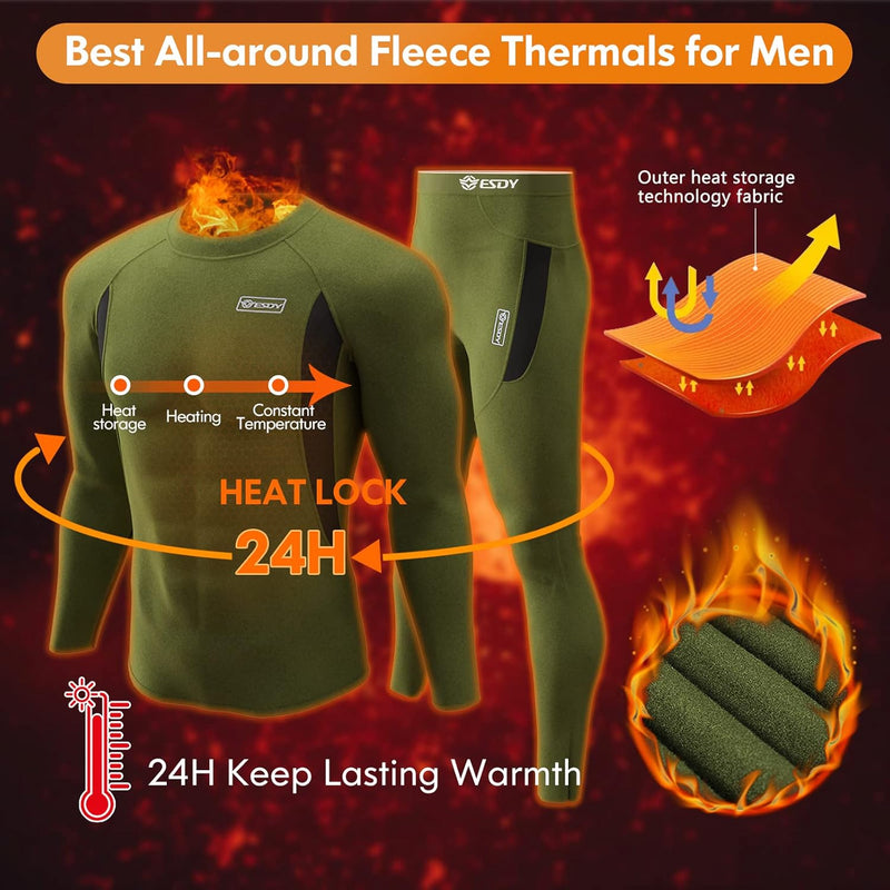 Grünes Herren-Fleece-Thermo-Set, wärmespeichernd, langärmelig, ideal für kaltes Wetter.