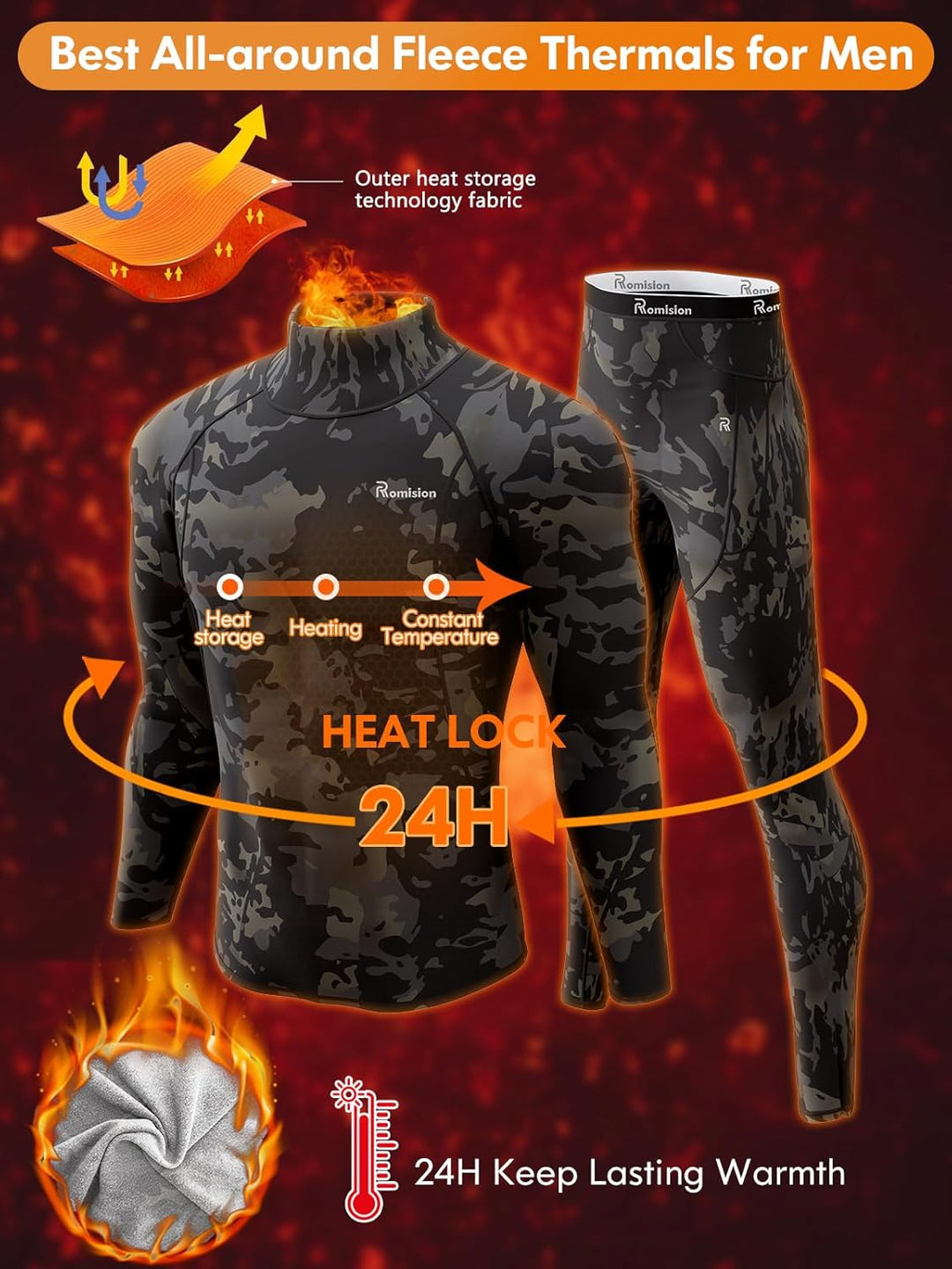 Herren Thermounterwäsche Set, Fleece, Tarnmuster, Wärmeisolierung, 24 Stunden Wärmespeicherung.