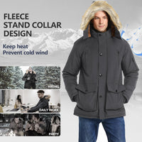 Dunkelgraue Herrenjacke mit Fleecekragen, winddicht, ideal für Outdoor-Aktivitäten.