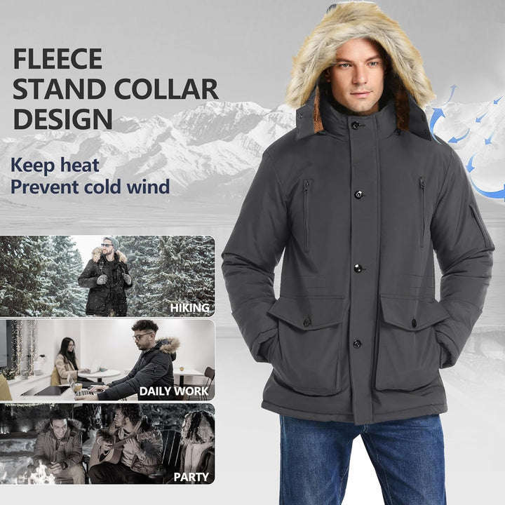 Dunkelgraue Herrenjacke mit Fleecekragen, winddicht, ideal für Outdoor-Aktivitäten.