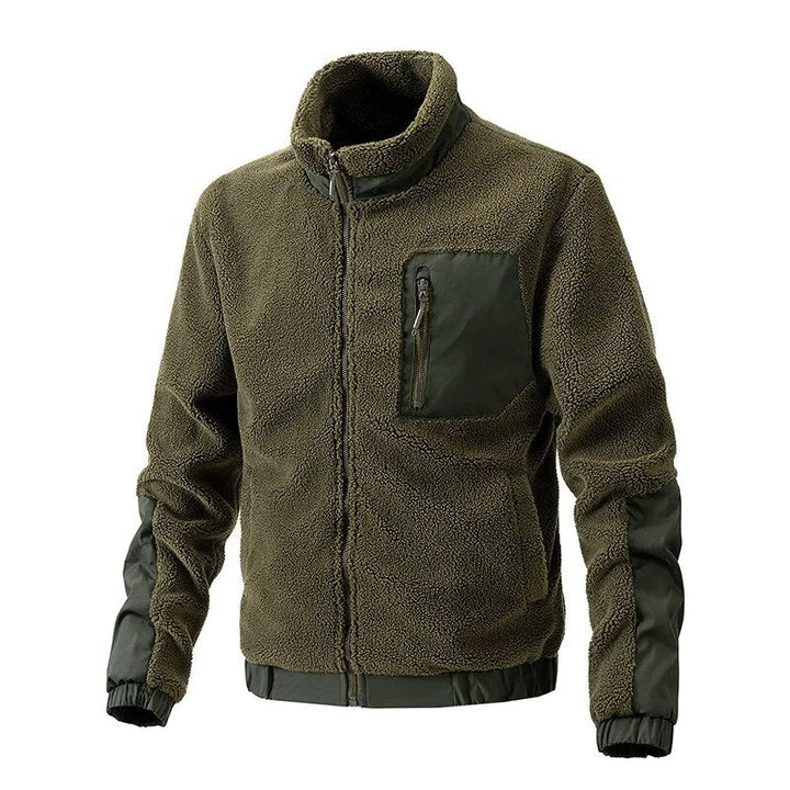 Olivgrüne Fleecejacke mit Reißverschluss, Brusttasche, Outdoor-Bekleidung, Herrenmode.