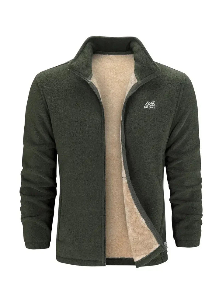 Dunkelgrüne Herren-Fleecejacke, Reißverschluss, warmes Innenfutter, Outdoor-Bekleidung.