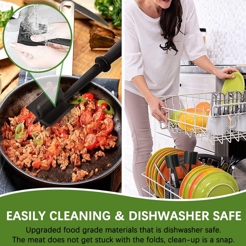 Fleischzerkleinerer aus Kunststoff, spülmaschinenfest, ideal für Pfannen, einfache Reinigung.