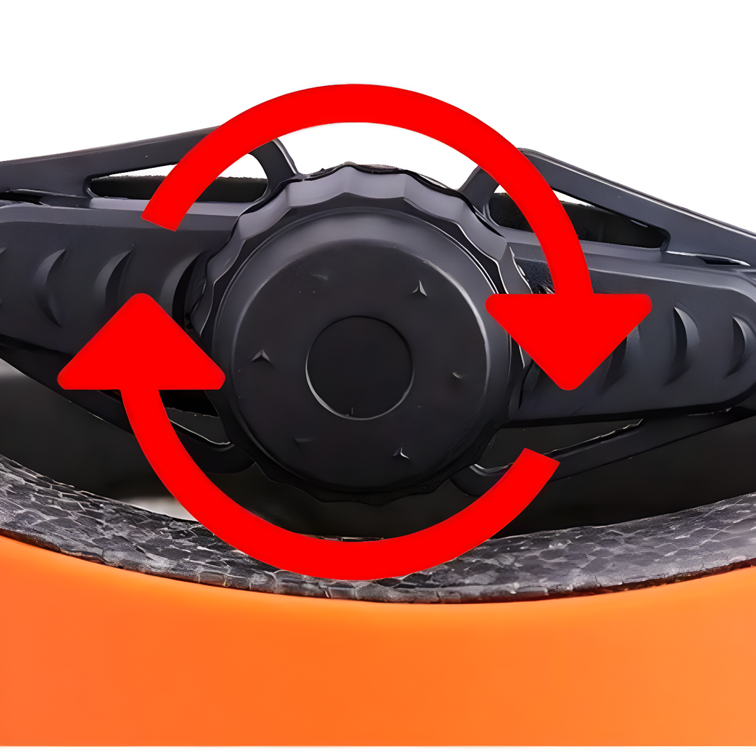 Schwarzer FlexGuard Helmverschluss mit rotem Drehverschluss auf orangefarbenem Hintergrund.