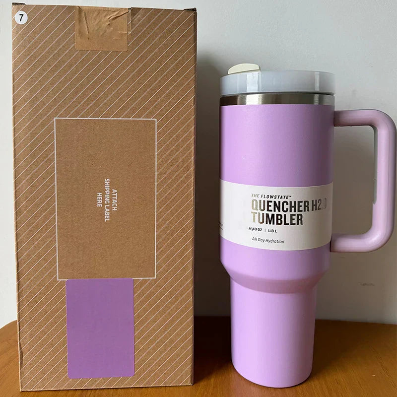 Lila Thermobecher mit Griff, Edelstahl, 1 Liter, doppelwandig, ideal für unterwegs.