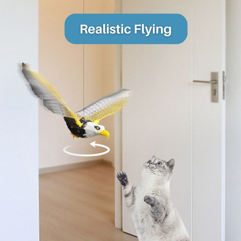 Katze spielt mit realistisch fliegendem Adler-Spielzeug im Innenraum, interaktives Haustierzubehör.