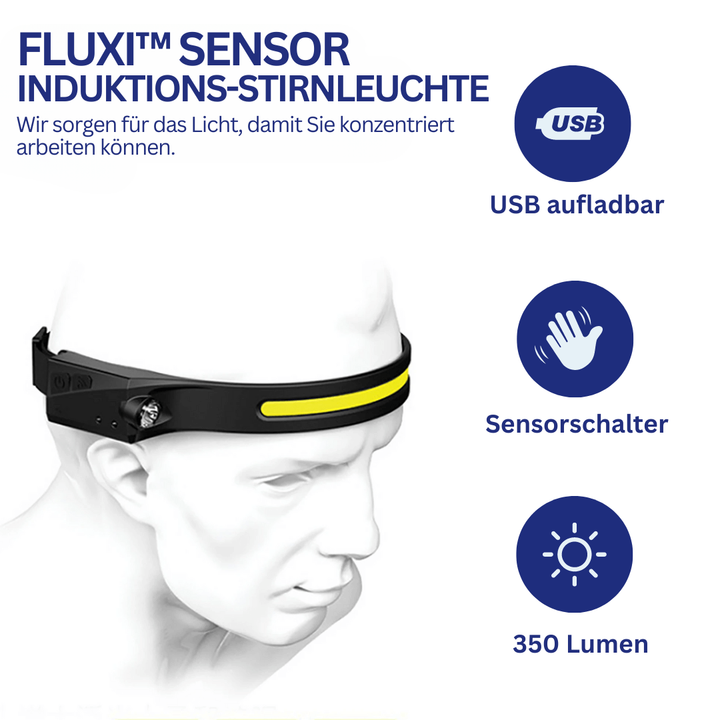 FLUXI™ Sensor Induktions-Stirnleuchte, USB aufladbar, 350 Lumen, Sensorschalter, schwarz.