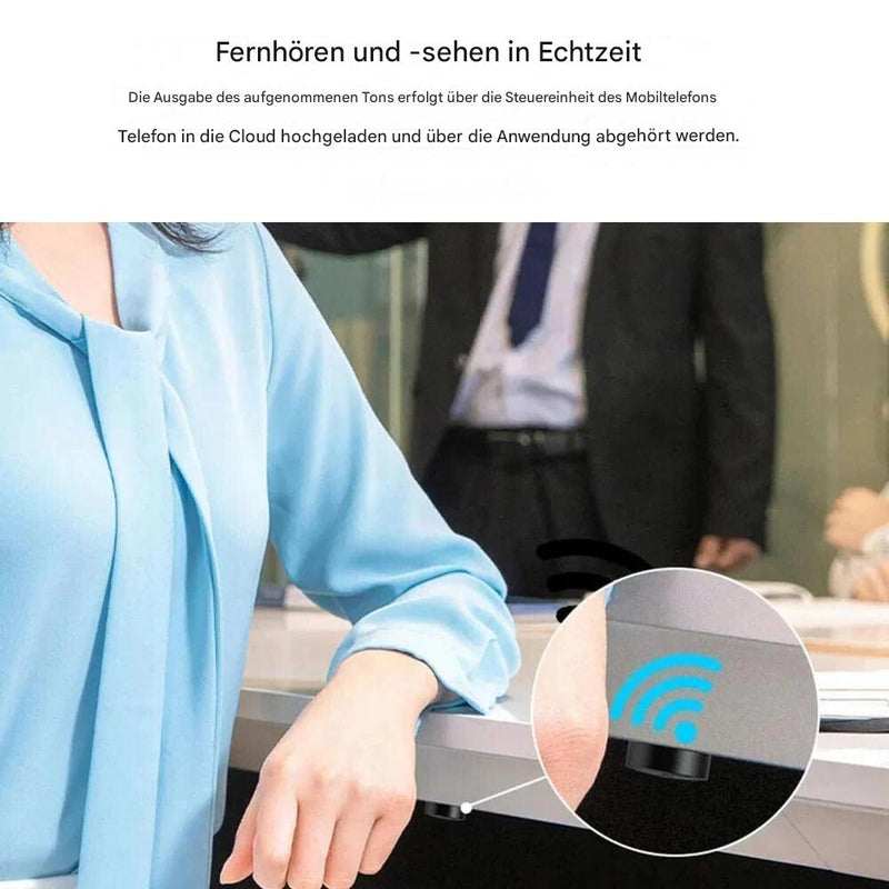 Frau in blauer Bluse mit Smartphone, WLAN-Symbol, moderne Technologie, Bürohintergrund.