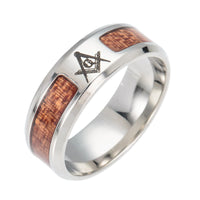 Silberner Freimaurer-Ring mit Holzeinlage, Edelstahl, Herren-Schmuck, Symbol-Gravur