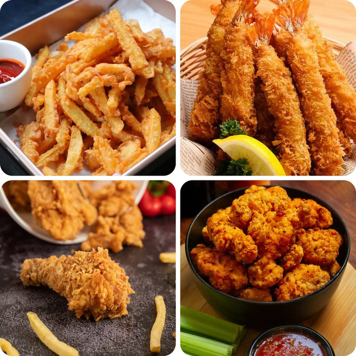 Collage aus Pommes, panierten Garnelen, gebratenem Hähnchen, knusprigen Chicken Wings.