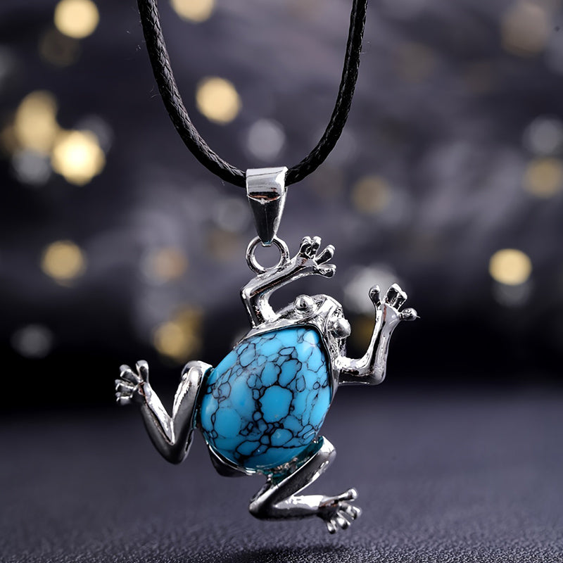 Silberner Frosch-Anhänger mit blauem Türkisstein, Halskette, Schmuck, Geschenkidee.