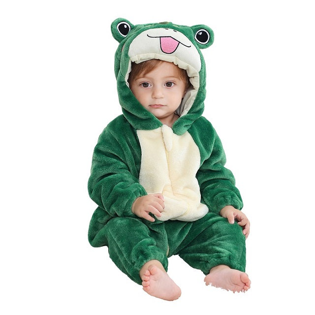 Kleinkind im grünen Frosch-Kostüm, Plüsch, Kapuze, süß, Baby-Outfit, Verkleidung, Halloween.
